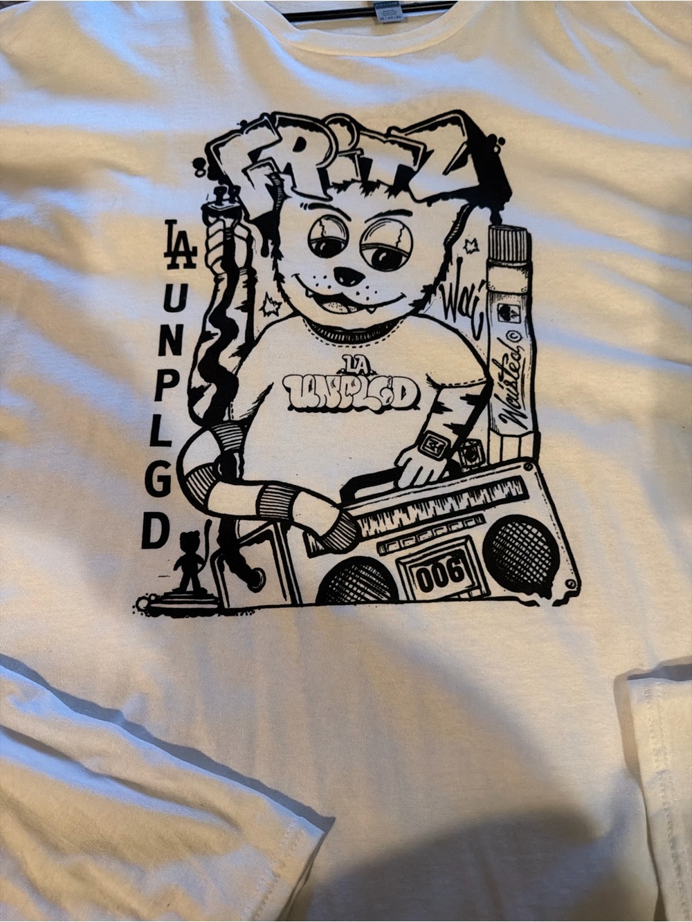 Gildan White Long Sleeve Tee with Black Cartoon Boombox Cat Graphic